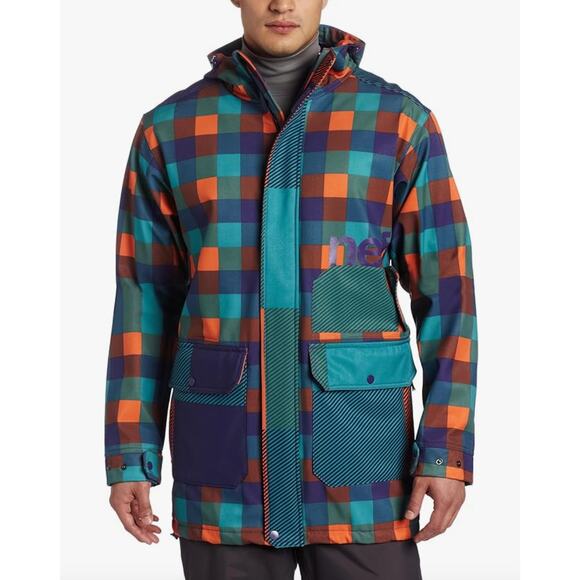 Neff Men's Rad Plaid Softshell Jacket S Orange Teal Purple Parka Snowboard Coat - Picture 1 of 16